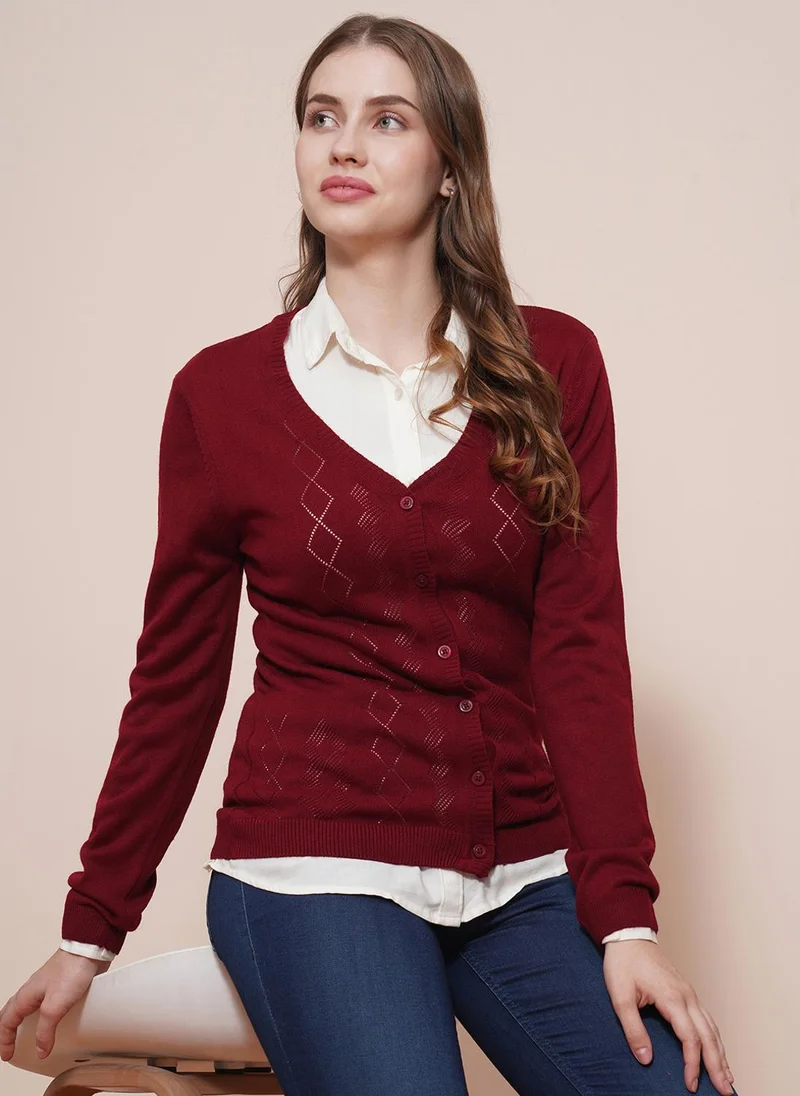 globus Globus Women Maroon V-Neck Full Sleeves Self Design Ribbed Hem Cardigan Sweater